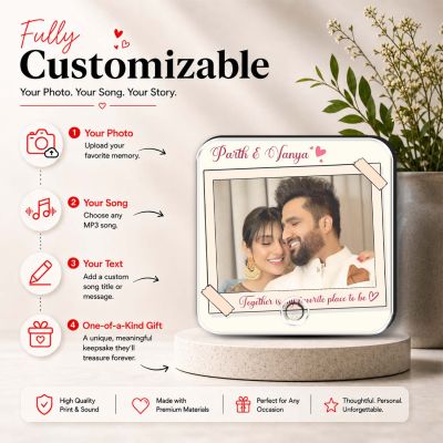 Husband Wife Personalized Musical Fridge Magnet Photo Frame for Couples | Custom Photo & Playable MP3 Audio Song Frame Rechargeable Speaker